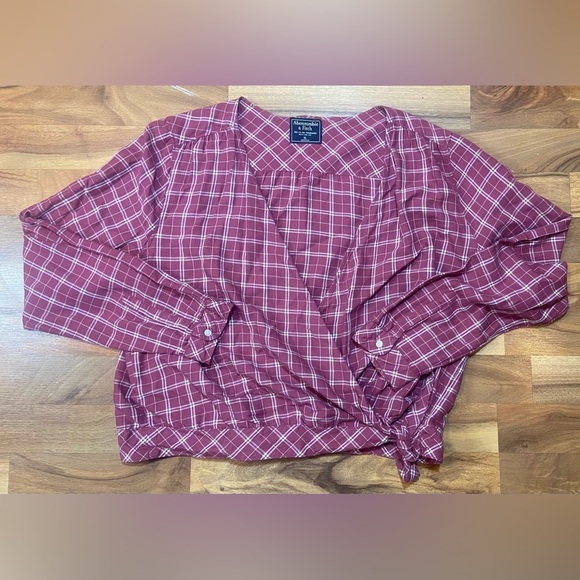 Abercrombie & Fitch Cropped Plaid Wrap Top Maroon Womens Size XL - Picture 2 of 7